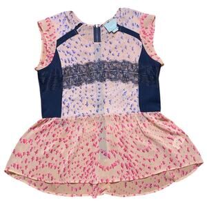 Maeve Anthropologie Peplum Abstract Top S Lace Floral Print Sheer Hi Low Summer